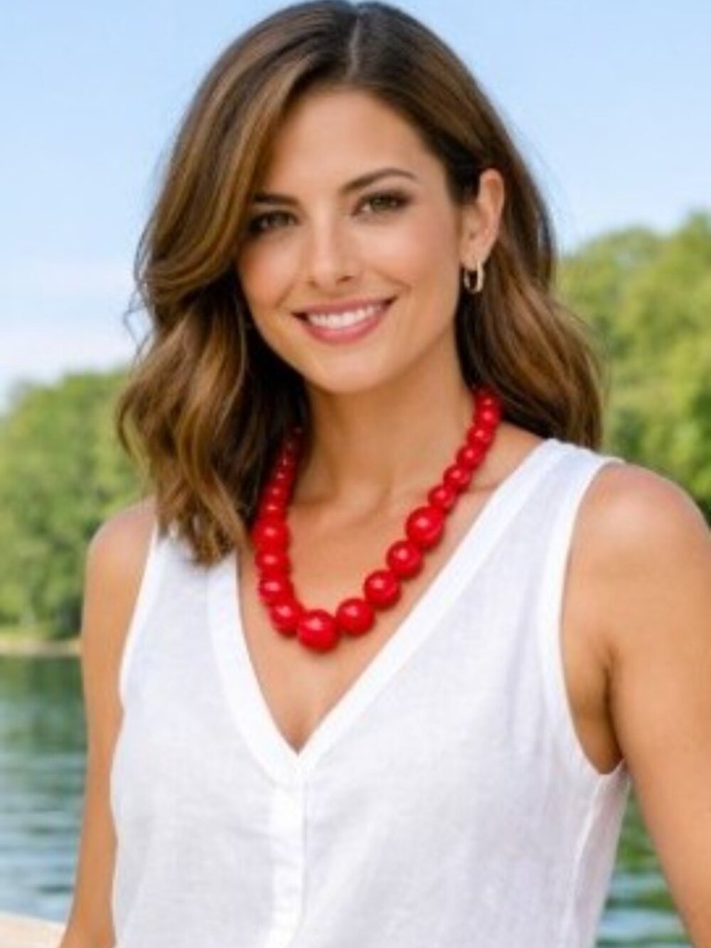 Mid‑Century Red Lucite Beaded Necklace – 30" Graduated Strand, Gold‑Tone Clasp